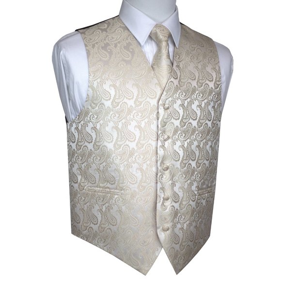 Men's Formal Wedding Prom Homecoming Tuxedo Vest Tie Hankie - Champagne Paisley - Picture 2 of 4